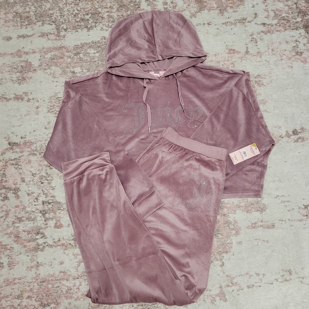 💜Juicy Couture Mauve Morning Velour Hoodie Jogger Sleepware Lounge Set - XL